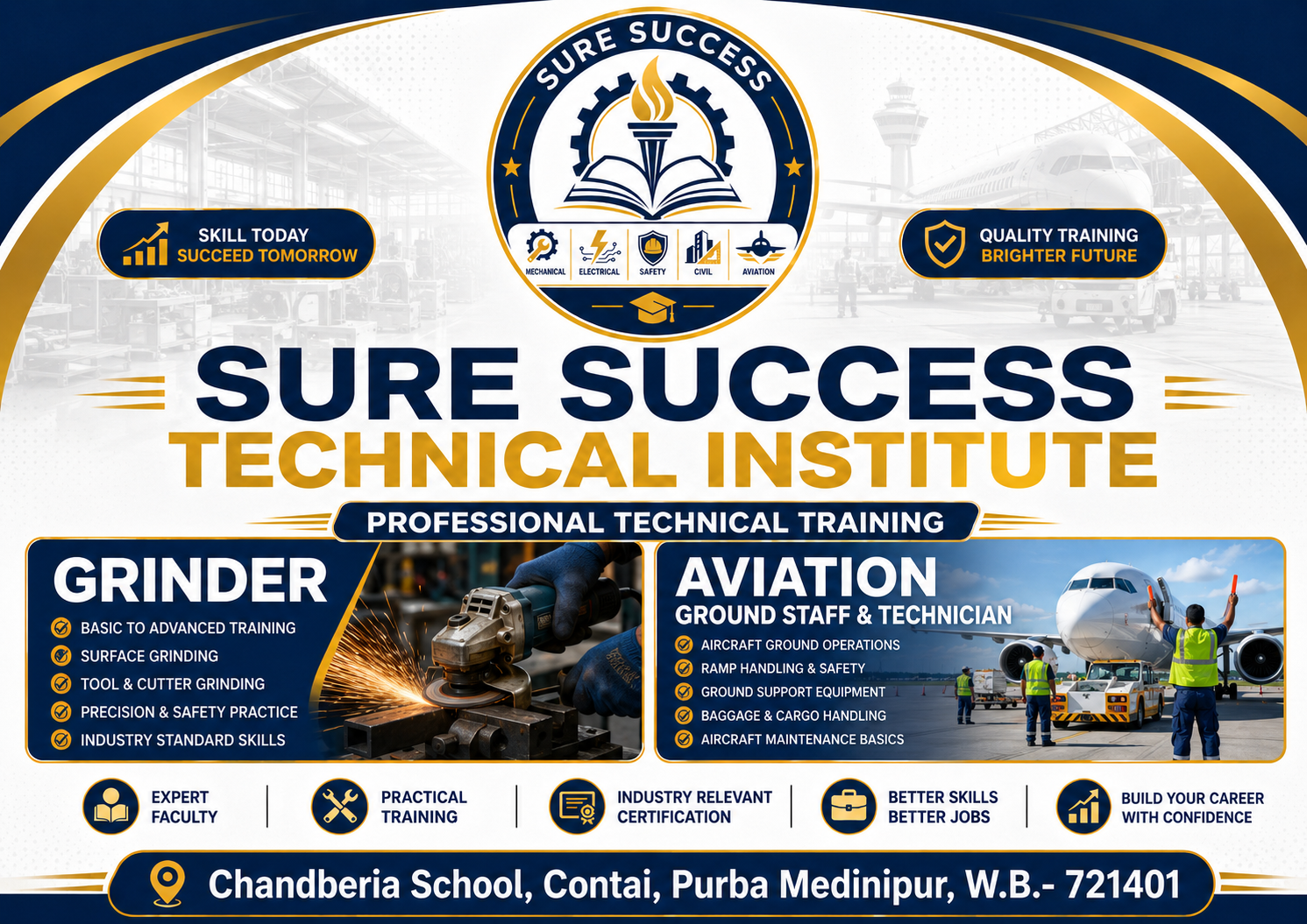 Sure Success Technical Institute grinder and aviation training banner